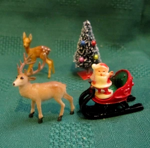 Vtg 50s Miniature Xmas Figures Santa & Sleigh Bottle Brush Tree 2-Reindeer Japan - Picture 1 of 10