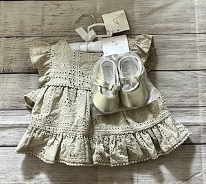 Happily grau Kinder beige Ösen Rüschen Baby Kleid/Blüher Set 6-9 Monate & Schuh - Bild 1 von 10
