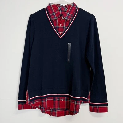 Tommy Hilfiger Suéter Mujer Pequeño Azul Marino Rojo Cuadros Capas Cuello en V Preppy Nuevo con Etiquetas Foto 1 de 4