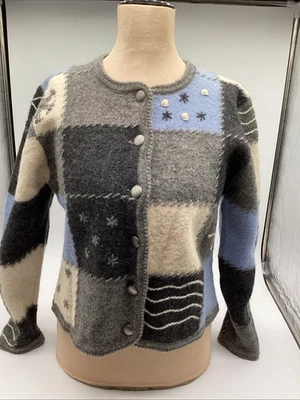 VTG Tally-Ho 100% Wool Patchwork Sweater Gray Blue Hand Embroidered Made in HK - Image 1 of 4