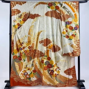 Japanischer Kimono FURISODE.Reine Seide.Stickerei.Weiß Rot Gold 167cm.Tsuru, - Bild 1 von 7