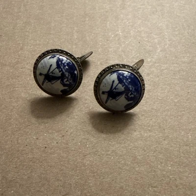 DE COLECCIÓN DELFT PLATA ESTERLINA con MOLINO DE VIENTO DE PORCELANA AZUL Y BLANCO GEMELOS PARA HOMBRE Foto 1 de 4