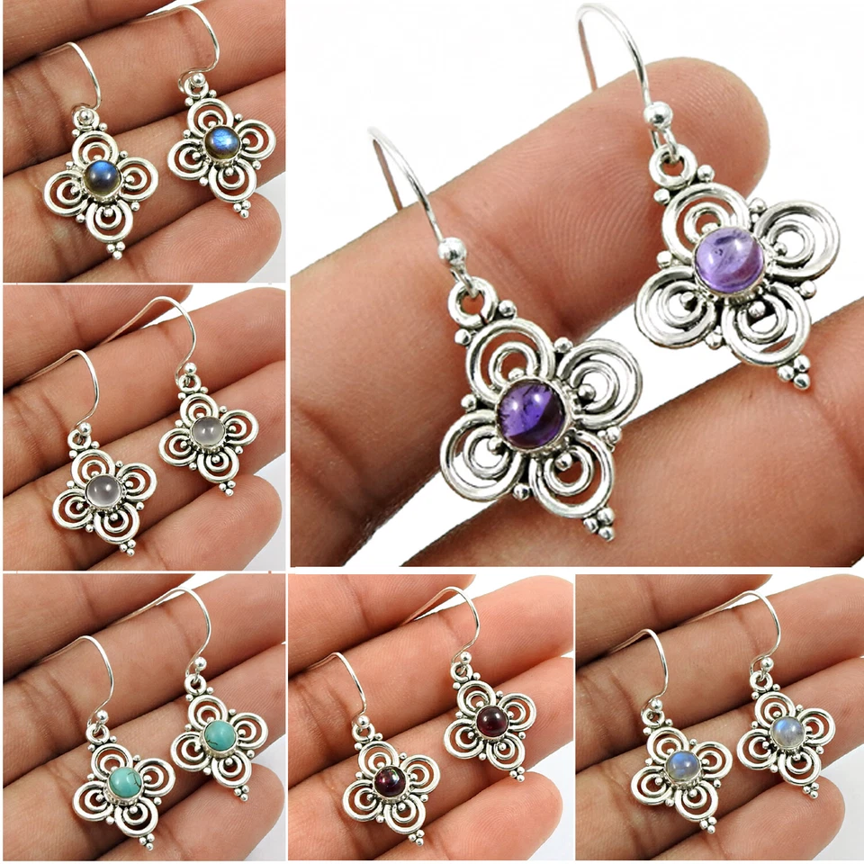 925 Sterling Silver Natural Gemstones Handmade Dangle Earrings For Women Girls - Image 1 of 1