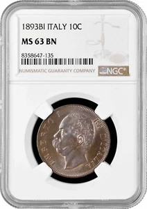 Italy 10 centesimi 1893 BI, NGC MS63 BN, "King Umberto I (1878 - 1900)" - Picture 1 of 2