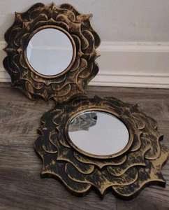 Beautiful Mini Accent Mirror Distressed Gold Design Hanging Wall Decor Set Of 2 - Picture 1 of 4