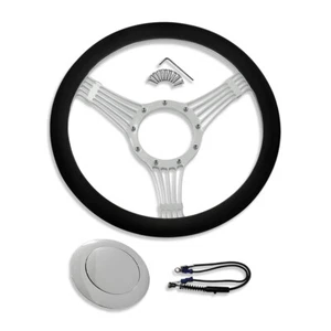 Chrome Banjo Style 14" Billet Steering Wheel w/ Half Wrap Leather & Horn Button - Picture 1 of 6