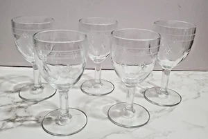 Standard Glass Co Wine Glass Set 5 Stemmed Etched 6-7/8" Criss Cross Banded VTG - Picture 1 of 9