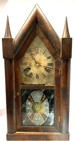 Brewster Ingrahams 30hr Gothic Steeple Clock Reverse Painted  Glass Door Running Cover