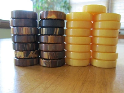 Bakelite ButterYellow Marbled  Brown Swirl Backgammon Checkers 29 Game Chips - Image 1 of 4