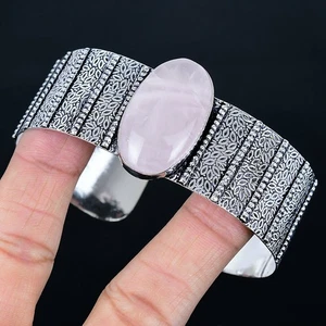 Rose Quartz 925 Silver Plated Bracelet/Bangle Adjustable - Picture 1 of 3