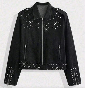 Neu Herren Luxus Diamant Strass Denim Schwarz Jeans Jacke Hochwertig - Bild 1 von 10
