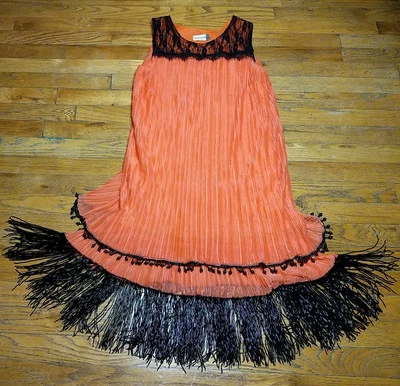 Vestido Jon Anna Sin Mangas Hasta la Rodilla Cuentas Flecos Fluido Talla XL Naranja En Capas Foto 1 de 4