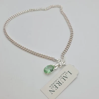 New! RALPH LAUREN Toggle Necklace Green Stone Silver Plate Curb Chain 16" W Tags - Image 1 of 4
