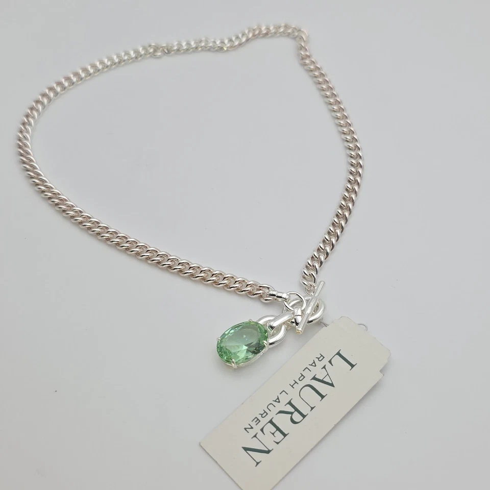 ¡Nuevo! Collar de palanca Ralph Lauren piedra verde placa de plata cadena de 16" con etiquetas Foto 1 de 4