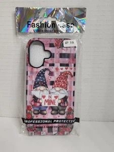 iPhone 16 Pink With Black Plaid Gnome Case 'Be Mine' Hearts - Picture 1 of 3