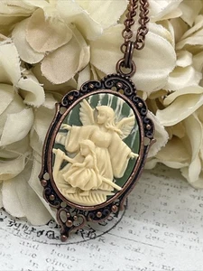 Baptism Christian Green Guardian ANGEL Perilous Bridge Rose Gold Cameo Necklace - Picture 1 of 12