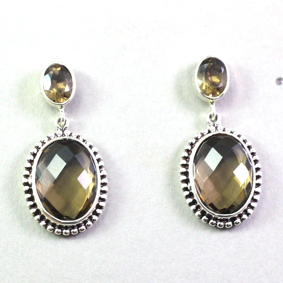 Orecchini in argento sterling 925 con pietre preziose al quarzo fumé fatti a ... - Immagine 1 di 1