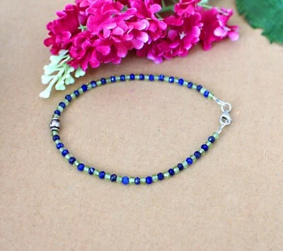 Facettiert Lapislazuli +Olivin-Peridot  Edelstein Armband,,20 cm ,Silber ( Ups-3 - Bild 1 von 2