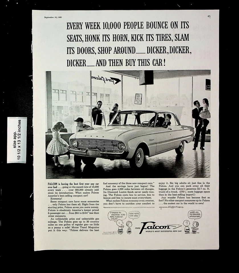 1960 Ford Falcon экономичный автомобиль Charlie Brown винтажная печатная реклама 27705 - Изображение 1 из 1
