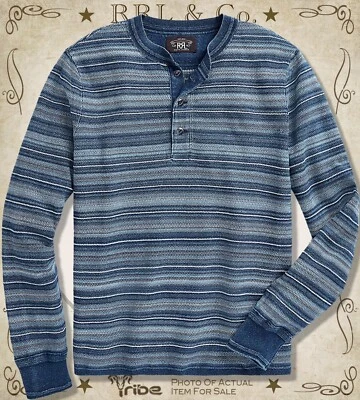 Suéter Henley RRL Ralph Lauren Para Hombre Azul Teñido Índigo Rayas Tejido Jacquard $645 Foto 1 de 4