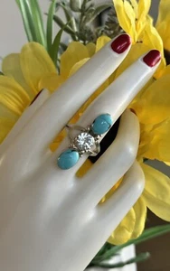 Native R.B Running Bear Turquoise/Crystal Sterling Silver Ring Sz 8 - Picture 1 of 10