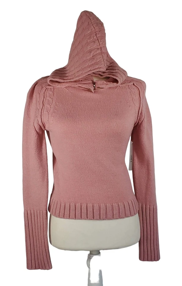 ¡Nuevo! Suéter Corto Pequeño Laurie B Mezcla Lana Rosa Tejido con Cable Capucha a Presión Foto 1 de 4