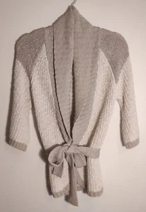 BCBG Women’s XS Cream/Beige Cable Knit Cardigan Wrap Front Oversize Cotton/Linen - Picture 1 of 10