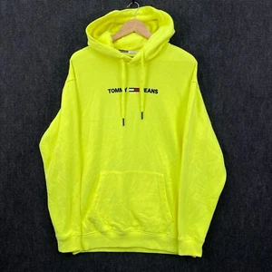 Tommy Hilfiger Mens Large Pullover Hoodie FLURO Yellow Lime Fleece Relaxed Fit - Picture 1 of 15