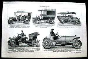 1902 ANTIKER LITHOGRAPHISCHER DRUCK: OLDTIMER UND MOTOREN 3 TAFELN MEYERS.AETNA - Bild 1 von 3