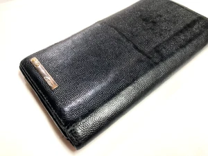 CARTIER VINTAGE SANTOS LOGO PLATE CAVIAR SKIN LEATHER LONG WALLET FRANCE BLACK - Picture 1 of 23