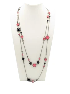 Silver Tone Chain Pink and Black Accent Necklace - Picture 1 of 11