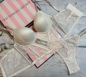 Victoria's Secret Shine Strap Push Up Bra Longline Corset Brazilian Set White
