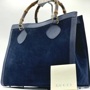 Gucci Vintage Bamboo Tote Navy Suede Handbag Durable Used - Picture 1 of 10