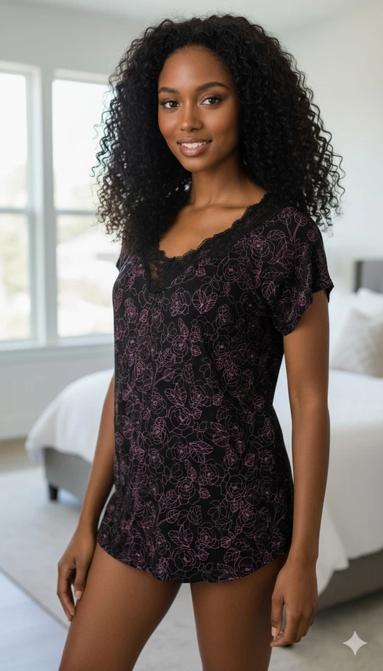 Apt. 9 Intimates Ladies M Rayon Sleep Top, Pink/Black, Floral. H-3 - Image 1 of 4