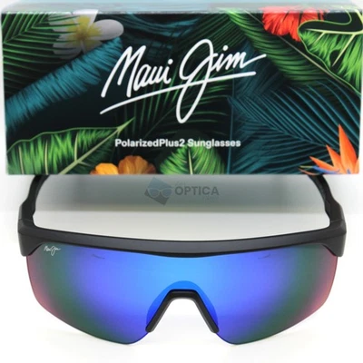 NOVO Óculos de Sol Maui Jim PALUNA Escudo Polarizado Preto Fosco/Azul Havaí - Imagem 1 de 4
