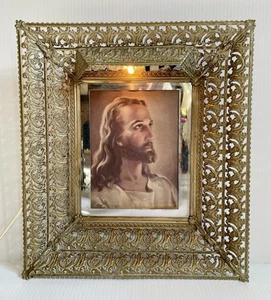 Vintage Messing filigran verziert beleuchtet Bilderrahmen, 13,5x15" Jesus Druck - Bild 1 von 14