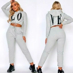 Women V Neck Long Sleeves Hooded Solid Casual Sports Joggers Pants Set Two Piece - Picture 1 of 7