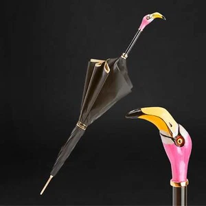 Luxury Flamingo Handle Pink Double Cloth Umbrella with Print Interior for Her - Picture 1 of 6
