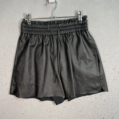 Zara 黑色人造皮革高腰短裤 XS 弹性腰带和抽绳 — 第 1/4 张图片