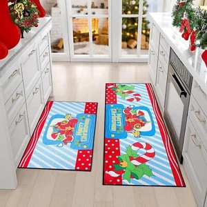 Set of 2 Christmas Kitchen Rug and Mat Christmas Kitchen Decoration Non Slip - Picture 1 of 5