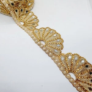 1m Cristal Dorado Perla India Trenza Metálica Cuentas Encaje Nopcial Borde Espejo - Imagen 1 de 1