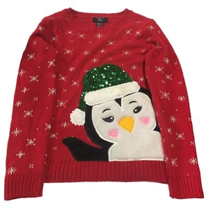 Girls Red Sequin Santa Penguin Holiday Christmas Sweater X-Large (12-14) - Picture 1 of 2