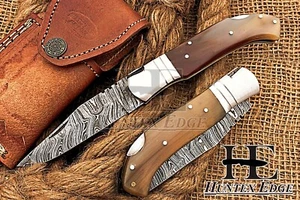 HUNTEX Handmade Damascus Blade, Bull Horn Handle, 90 mm Hunting Lagouli Knife - Picture 1 of 10