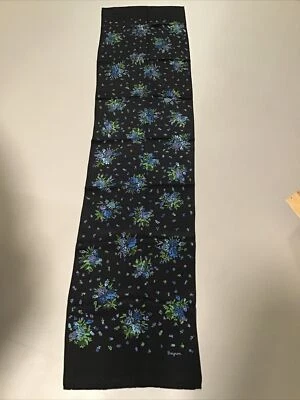 Bufanda de seda Bayron vintage negra floral larga 61” X 15” azul púrpura verde flores Foto 1 de 4