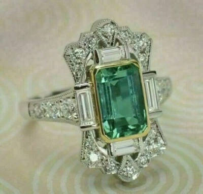 Lab Created 3Ct Emerald Green Emerald Halo Engagement Ring 14K White Gold Over - Image 1 of 3