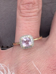 Anillo de cuarzo rosa de oro amarillo de 14k con detalles de diamantes tamaño 7,25 ~ 1,5 g - Imagen 1 de 9