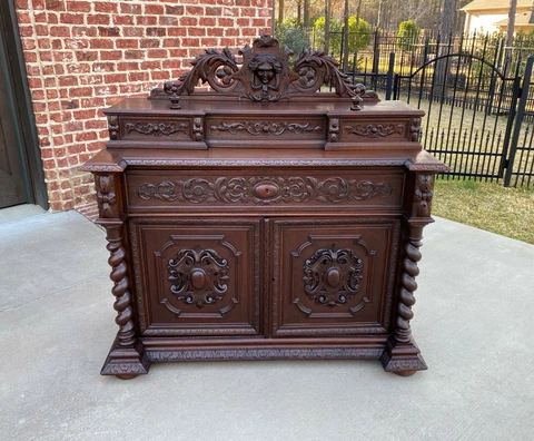 Antique French Desk Secretary Chest Server Drawers Barley Twist Renaissance Oak Cover