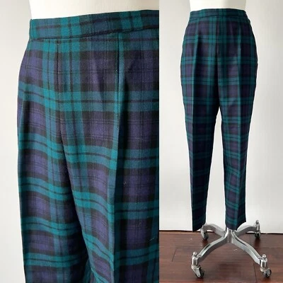 "Pantalones plisados ​​de colección años 60 azul verdoso tartán de lana a cuadros S 27"" W" Foto 1 de 4