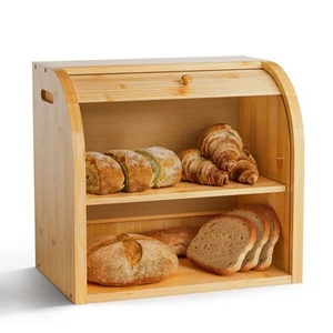 2 Tier Bamboo Bread Box for Kitchen Countertop–Bread Storage Holder, Large Ca... - Picture 1 of 6