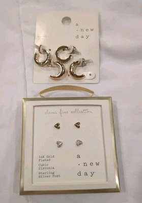 A New Day 14K Gold Plated Heart And Hoop Earrings- 4 Pair- New  - Image 1 of 4